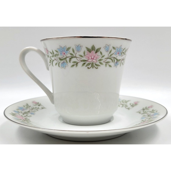 Eileen Cotillion Cup & Saucer Japan Floral Pink Blue Platinum Trim Set of 2 - Picture 9 of 14